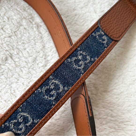 NWT Authentic Gucci Denim-Paneled Leather Belt Blue Size 90 - Picture 5 of 6